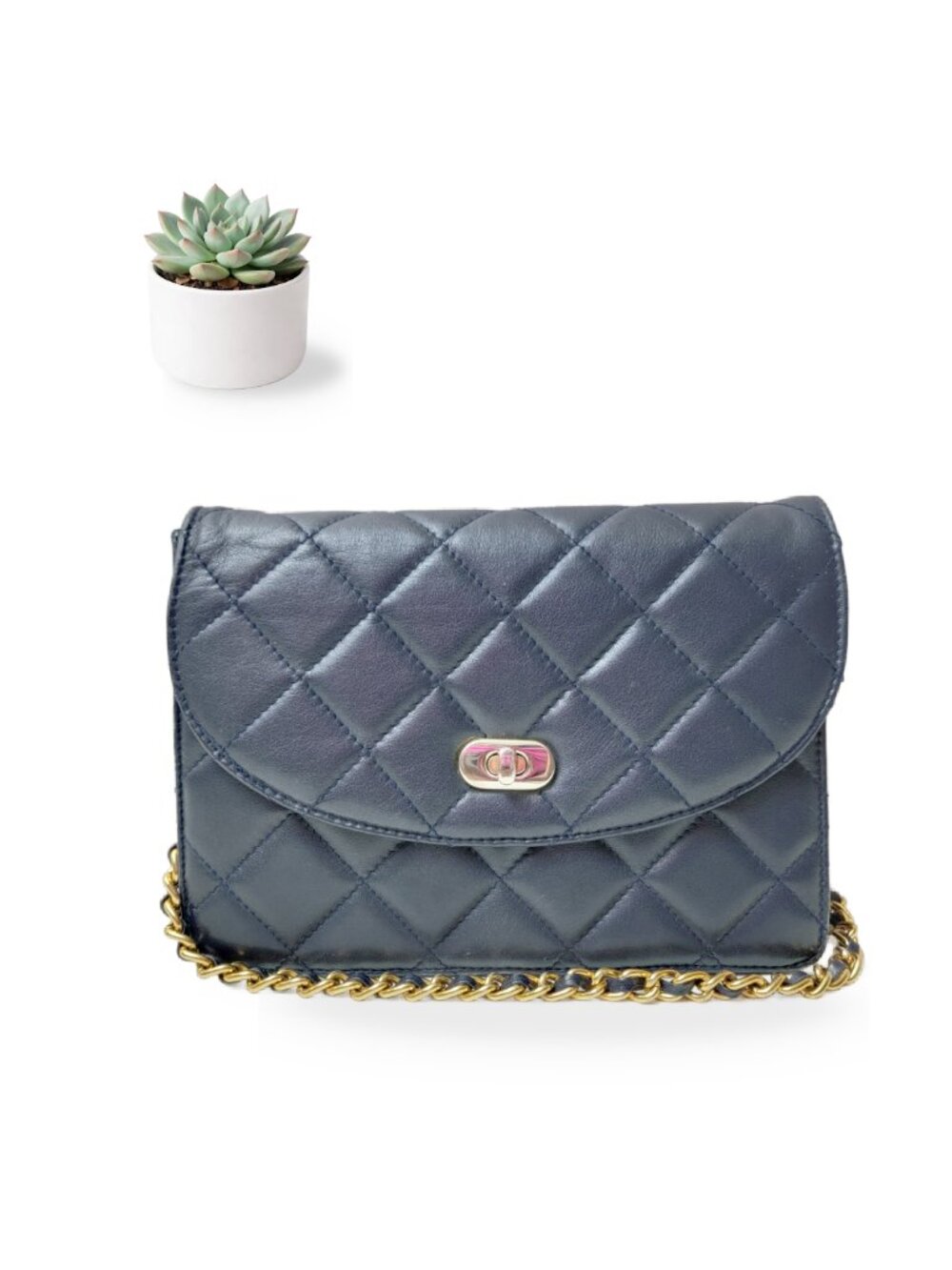 Giani Bernini Navy Quilted Leather Flap Crossbody Bag Gold Chain Strap Purse